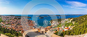 Panorama view at amazing archipelago in front of town Hvar, Croatia. Harbor of old Adriatic island town Hvar. Amazing Hvar city on