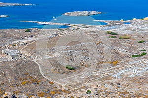 Panorama view of ancient ruins at Delos island in Greece