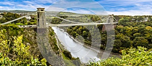 A panorama view of the Avon Gorge and the Clifton Suspension bridge that spans it from Sion Hill