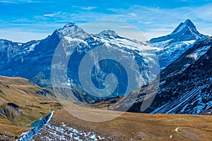 Panorama view of Bachsee in Swiss Alps