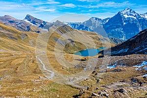 Panorama view of Bachsee in Swiss Alps