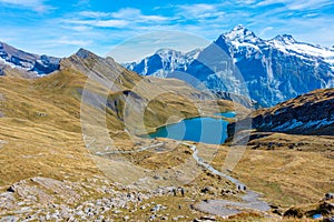 Panorama view of Bachsee in Swiss Alps