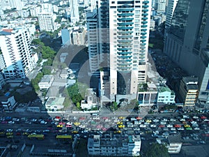 Panorama view of Bangkok with busy street.