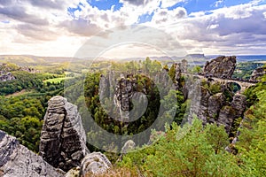 Panorama view on the Bastei bridge. Bastei is famous for the beautiful rock formation in Saxon Switzerland National Park, near