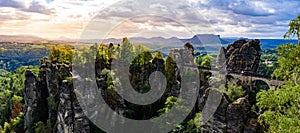 Panorama view on the Bastei bridge. Bastei is famous for the beautiful rock formation in Saxon Switzerland National Park, near