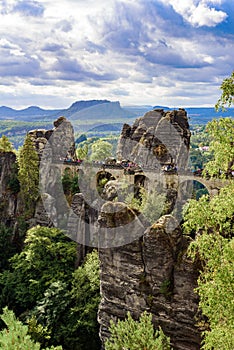 Panorama view on the Bastei bridge. Bastei is famous for the beautiful rock formation in Saxon Switzerland National Park, near