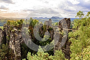 Panorama view on the Bastei bridge. Bastei is famous for the beautiful rock formation in Saxon Switzerland National Park, near