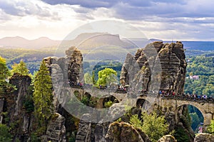 Panorama view on the Bastei bridge. Bastei is famous for the beautiful rock formation in Saxon Switzerland National Park, near