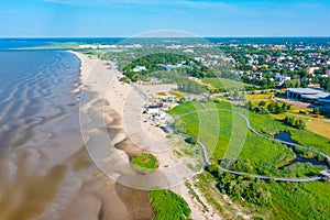 Panorama view of beach and coastal meadow hking trail at Parnu,
