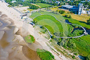 Panorama view of beach and coastal meadow hking trail at Parnu,