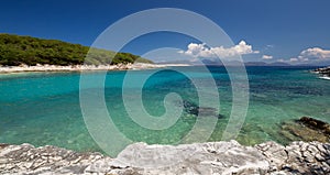 Panorama view of Beach of Foki Fiskardo, Kefalonia, Ionian islands, Greece