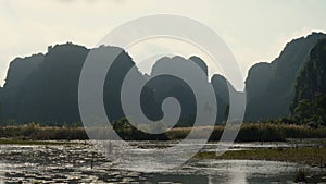 Panorama view of beautiful karst scenery, river and rice paddy fields