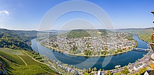 Panorama view of the bend in the Moselle river at Traben Trarbach, Germany