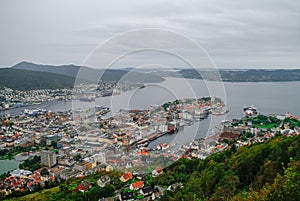 Panorama view on Bergen and harbor from the mountain top