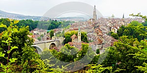 Panorama view of Berne old town from mountain top in rose garden, rosengarten, Berne Canton, Capital of Switzerland, Europe