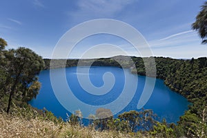 Panorama view of Blue Lake, a volcanic crater at Mount Gambier-South Australia in a sunny day photo