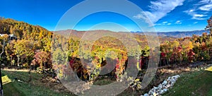 A panorama view of the Blue Ridge Parkway during the autumn fall color changing season
