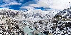 Panorama view of the blue turquoise river in Hooker Valley track. Mount Cook National Park