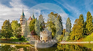 Panorama View at The Bojnice Castle with a Lake and Tower