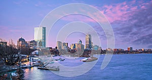 Panorama view of Boston skyline with skyscrapers over water at twilight inUSA