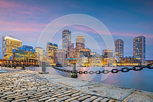 Panorama view of Boston skyline with skyscrapers over water at twilight inUSA
