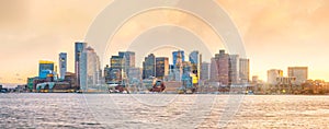 Panorama view of Boston skyline with skyscrapers at twilight in