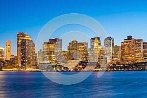 Panorama view of Boston skyline with skyscrapers at twilight in