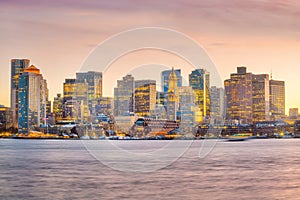 Panorama view of Boston skyline with skyscrapers at twilight in