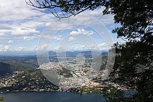 Panorama view of Chiasso and Cernobbio from across the Lake Como on a nice summer day