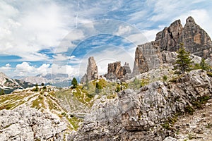 Panorama view of Cinque Torri, Torre Grande from Rifugio Scoiattoli refuge. Dolomites, Trentino Alto Adige region, South Tyrol, photo