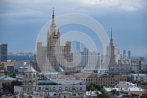 Panorama view of city on the blue sky with a light haze or smog. Moscow