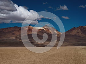 Panorama view of colorful andean Altiplano mountain landscape at Mount Cerro Nelly in Uyuni Sur Lipez Potosi Bolivia