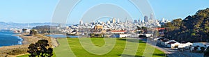 Panorama view Crissy Field and San Francisco the downtown skyline in the background, California, USA