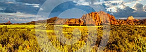 Panorama View of Dark clouds over the Red Sandstone Mountains along the Kolob Terrace Road, Zion National Park, Utah