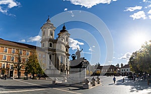 Panorama view of the Dobo Istvan Square in Eger with the Antony of Padua Church