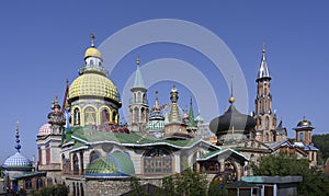 Panorama with a view of the domes of the Temple of All Religions in Kazan, Russia