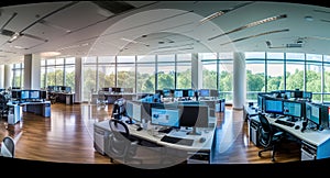 Panorama View of an Empty Call Center Operator Workspace. Generative AI