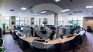 Panorama View of an Empty Call Center Operator Workspace. Generative AI