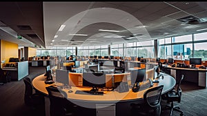 Panorama view of empty call center operator workspace. Generative AI