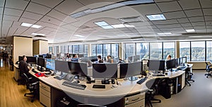 Panorama view of empty call center operator workspace. Generative AI
