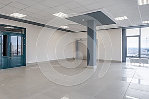 panorama view in empty modern hall with columns, doors , stairs and panoramic windows