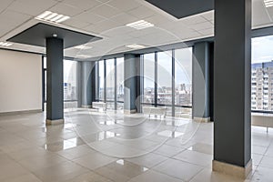 panorama view in empty modern hall with columns, doors , stairs and panoramic windows