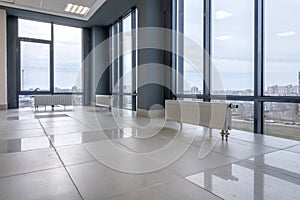 panorama view in empty modern hall with columns, doors , stairs and panoramic windows