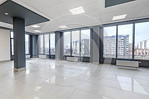 panorama view in empty modern hall with columns, doors, stairs and panoramic windows