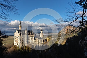 Panorama view of the famous Neuschwanstein Castle at sunset in winter