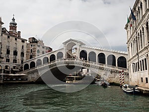 Panorama view of famous white pedestrian stone arch bridge over Grand Canal river in Venice Venezia Veneto Italy Europe