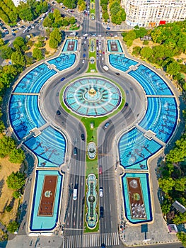 Panorama view of a fountain at the Unirii square in Bucharest, R