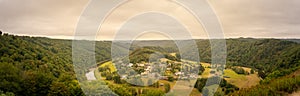 Panorama view Frahan valley and Semois river from viewpoint Rochehaut, Bouillon, Wallonia, Belgium