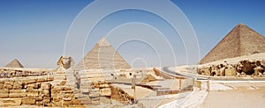 Panorama view of Giza in Cairo, the great pyramyd of Cheops, the pyramids of Kefren and Micerinos, the Sphinx photo