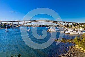 Panorama view of Gladesville Bridge Parramatta river on Sydney harbour foreshore NSW Australia.